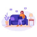 Freelancer girl with a laptop on the couch studies or works at home. Vector concept of freelance, online education. Cartoon flat