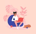 Freelancer girl is sitting in a bean bag with notebook