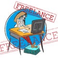 Freelancer girl works at the computer comic sketch