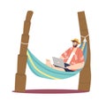 Freelancer guy work on laptop computer lying in hammock on island. Remote freelance occupation Royalty Free Stock Photo