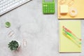 Freelancer home office desk workspace. Flat lay, top view, social media hero header template Royalty Free Stock Photo