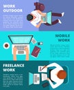 Freelancer journalist working at laptop. Home work, business writing and freelance vector banners