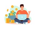 Freelancer at the laptop, from which gold coins are pouring into a wallet with dollars. Rich man works at home. Boy and