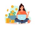 Freelancer at the laptop, from which gold coins are pouring into a wallet with dollars. Rich woman works at home. Girl