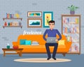 Freelancer man with computer on sofa at home.