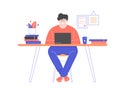 Freelancer man in glasses at desk with laptop.