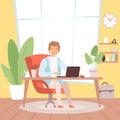 Freelancer. Man in home office working in house suit. Remote work via laptop vector illustration Royalty Free Stock Photo
