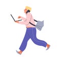 Freelancer man while running talking on the phone and working on laptop, vector freelance lifestyle, remote job employee