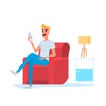 Freelancer. Man using smart phone on sofa in living room relax online activity, social media, chatting. Internet communication.