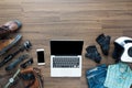 Freelancer needs mock up on wooden table in home interior Royalty Free Stock Photo