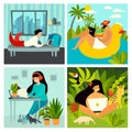 Freelancer people vector collection. Digital nomad characters, home office and tropical workplace