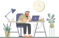Freelancer with running nose working at home. Remote worker with flu or cold. Man sit at the desk working distantly, using paper