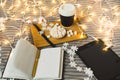 Freelancer`s christmas morning. New year list of gifts and online shopping idea. Wish list and planning concept with tablet, Royalty Free Stock Photo