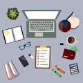 Freelancer`s desktop, top view. The concept of working at home. Royalty Free Stock Photo
