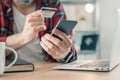 Freelancer shopping online with smartphone app and credit card