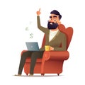 Freelancer site in a chair and earn money. Home office workplace. Vector illustration in cartoon style.