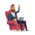 Freelancer site in a chair and earn money. Home office workplace. Hipster bearded freelancer working remotely from his laptop.