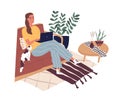 Freelancer sitting with laptop working at home during quarantine. Modern young woman sitting on sofa and studying online