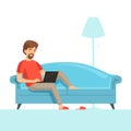 Freelancer on sofa. Happy smile work guy on comfortable bed with laptop vector cartoon picture
