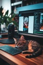 Freelancer spending time watching cat videos on a work device. Royalty Free Stock Photo
