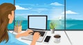 freelancer traveler woman working online using laptop and enjoying the beautiful nature landscape with sea view at sunrise