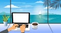 freelancer traveler working online using laptop and enjoying the beautiful nature landscape with sea view at sunrise