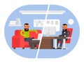 Freelancer vs business office. Comparing remote work with freelance working place. Flat design vector illustration.