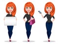 Freelancer woman cartoon character, set of three poses