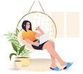 Freelancer woman character working with laptop sitting in hanging armchair. Remote work or study. Work at home concept. Modern fla