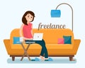 Freelancer woman with computer on sofa