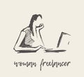 Freelancer woman laptop computer vector art sketch