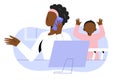 Freelancer woman working at home with her toddler child, freelancing african american woman sitting at her desk talking Royalty Free Stock Photo