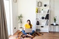 Freelancer woman works from home, work remotely Royalty Free Stock Photo