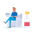 Freelancer work at home concept. Man working at home with laptop on sofa. Royalty Free Stock Photo