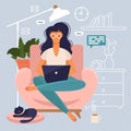 Freelancer is at work. Woman is working on a sofa at home with her laptop. Flat style