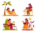 Freelancer worker, cartoon busy woman, vector set