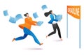 Freelancer worker male and female character running to deadline, complete work last date cartoon vector illustration
