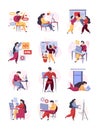 Freelancer working. Comforting remote work characters sitting at home uses laptop smartphones and pc garish vector