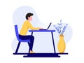 Freelancer working from home, concept illustration, young man working on laptop, looking at screen, front view, flat style