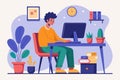 Freelancer working from home at a desk with a computer in a cozy workspace filled with plants and books during the day Royalty Free Stock Photo