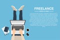 Freelancer working at home with laptop, top view. Concept of remote working or working at home