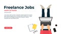 Freelancer working at home on laptop. Work at home, freelance jobs and vacancies concept. Freelancer character sitting with laptop