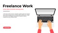 Freelancer working at home on laptop. Work at home, freelance jobs and vacancies concept. Freelancer character sitting with laptop