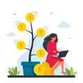 Freelancer Working on Laptop Sitting on Pile of Golden Coins near Huge Pot with Money Tree,Dollar Banknotes tree