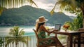 Freelancer working remotely on laptop at beach, embracing travel and staying connected.