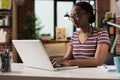 Freelancer working, typing on laptop keyboard, searching information Royalty Free Stock Photo