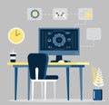 Freelancer workplace concept vector. Remote work at home for programmer, seo, manager. Gamer, joystick, gear icons