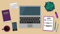 Freelancer workplace. Top view on desk. Vector illustration