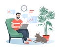 Freelancer works at home flat vector illustration, cartoon bearded happy hipster man character sitting in comfortable