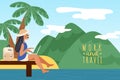 Freelancer works outdoor. Girl working by sea. Free atmosphere. Woman with laptop on tropical beach. Professional Royalty Free Stock Photo